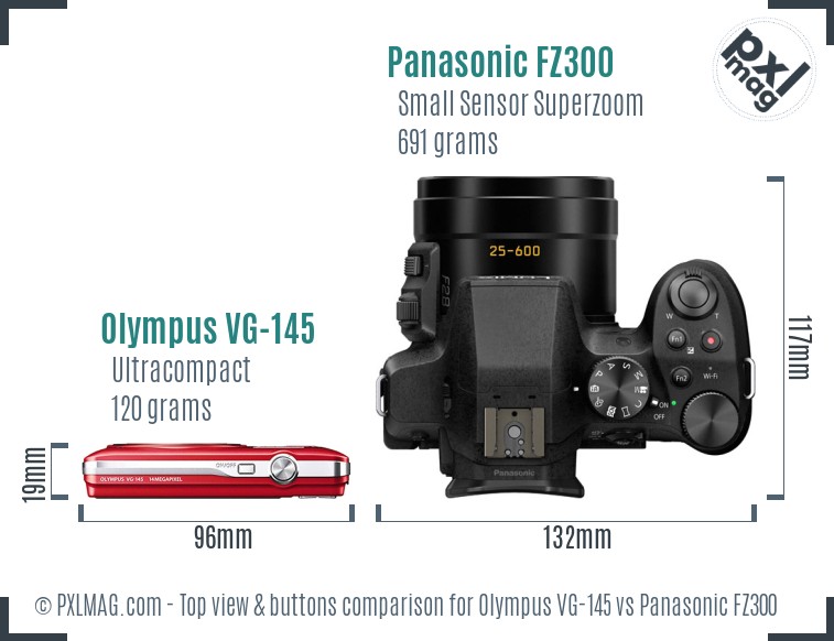 Olympus VG-145 vs Panasonic FZ300 top view buttons comparison