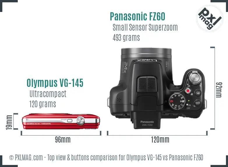 Olympus VG-145 vs Panasonic FZ60 top view buttons comparison