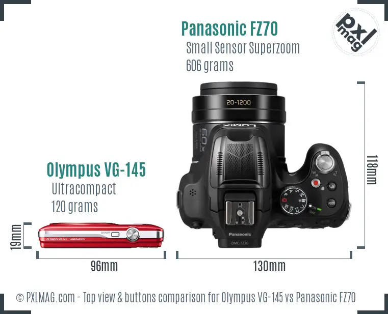 Olympus VG-145 vs Panasonic FZ70 top view buttons comparison Olympus VG-145 vs Panasonic FZ70 top view buttons comparison