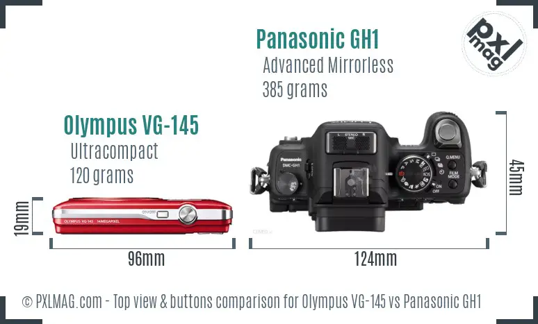 Olympus VG-145 vs Panasonic GH1 top view buttons comparison Olympus VG-145 vs Panasonic GH1 top view buttons comparison