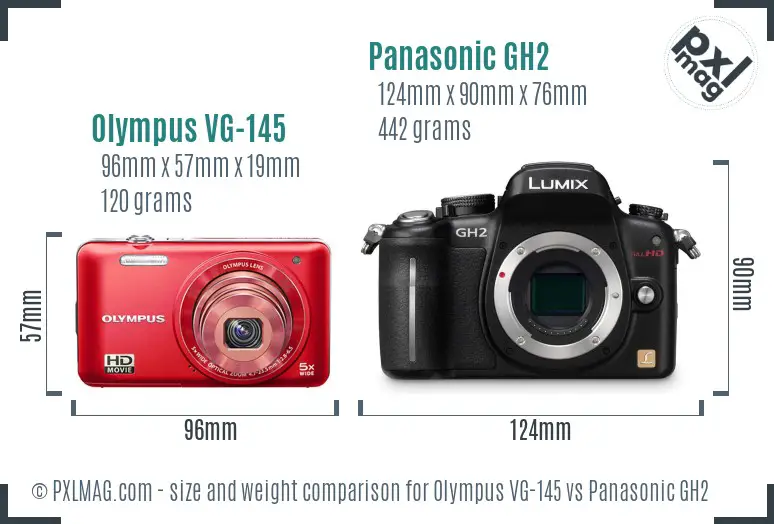 Olympus VG-145 vs Panasonic GH2 size comparison