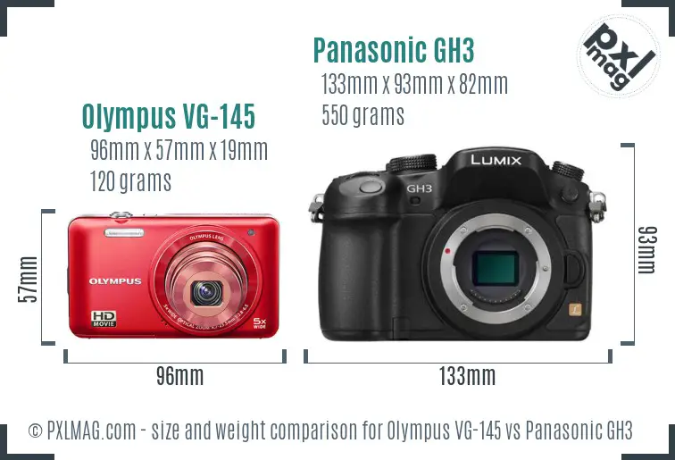 Olympus VG-145 vs Panasonic GH3 size comparison