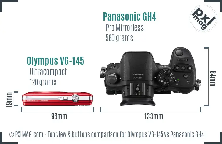 Olympus VG-145 vs Panasonic GH4 top view buttons comparison Olympus VG-145 vs Panasonic GH4 top view buttons comparison