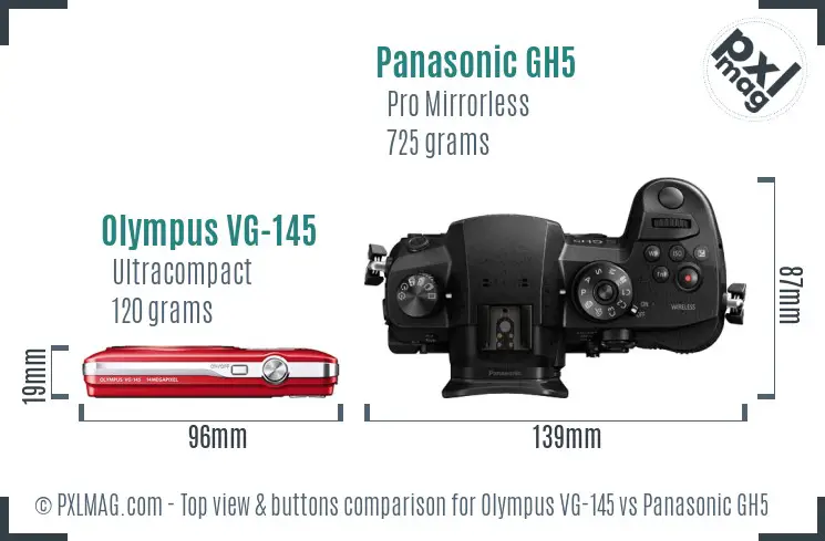 Olympus VG-145 vs Panasonic GH5 top view buttons comparison