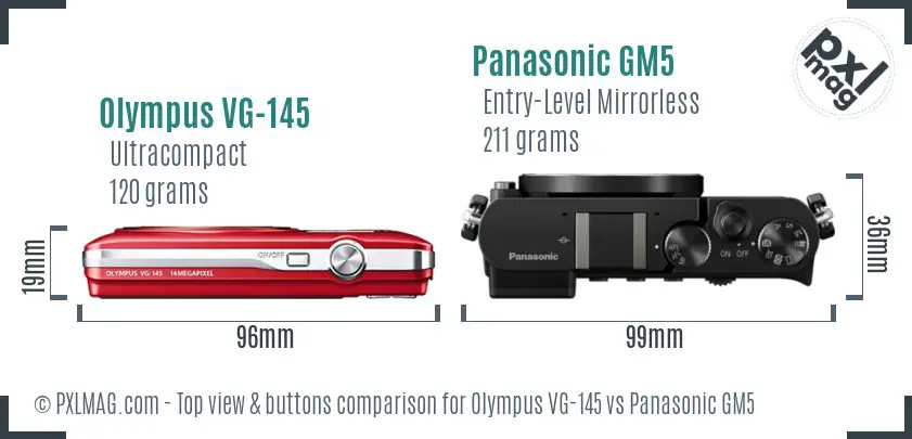 Olympus VG-145 vs Panasonic GM5 top view buttons comparison