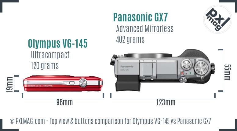 Olympus VG-145 vs Panasonic GX7 top view buttons comparison