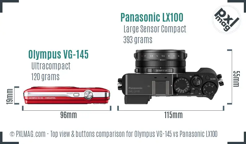 Olympus VG-145 vs Panasonic LX100 top view buttons comparison