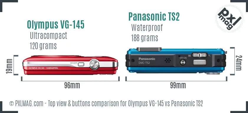 Olympus VG-145 vs Panasonic TS2 top view buttons comparison Olympus VG-145 vs Panasonic TS2 top view buttons comparison