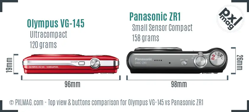 Olympus VG-145 vs Panasonic ZR1 top view buttons comparison