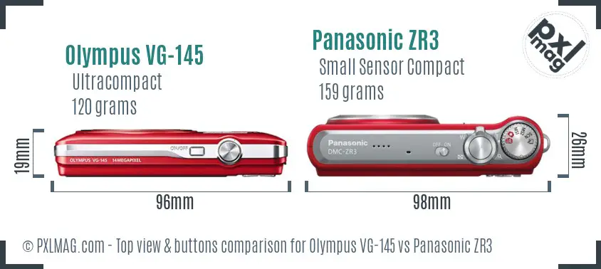 Olympus VG-145 vs Panasonic ZR3 top view buttons comparison