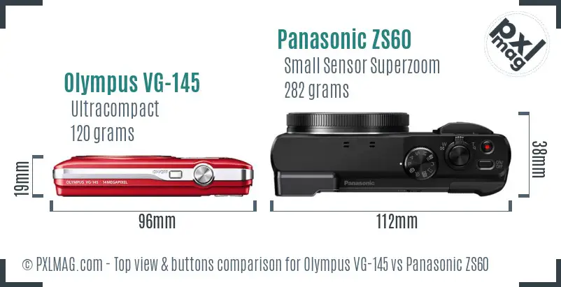 Olympus VG-145 vs Panasonic ZS60 top view buttons comparison