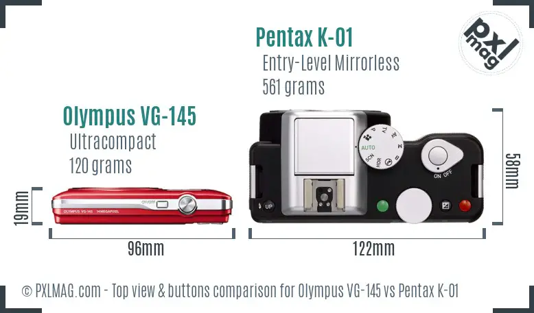 Olympus VG-145 vs Pentax K-01 top view buttons comparison