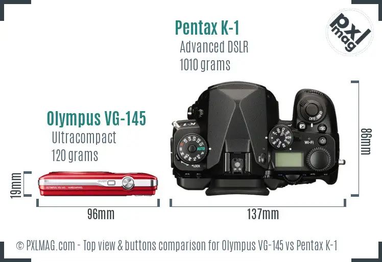 Olympus VG-145 vs Pentax K-1 top view buttons comparison