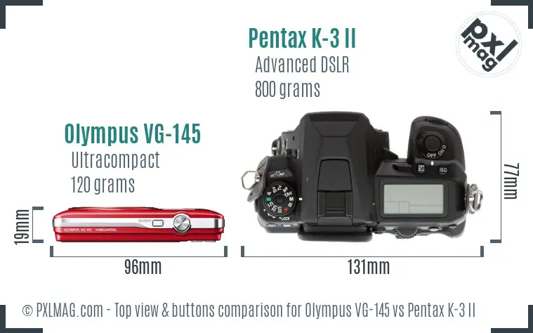 Olympus VG-145 vs Pentax K-3 II top view buttons comparison
