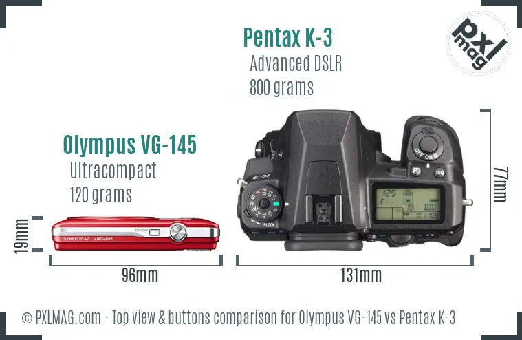 Olympus VG-145 vs Pentax K-3 top view buttons comparison