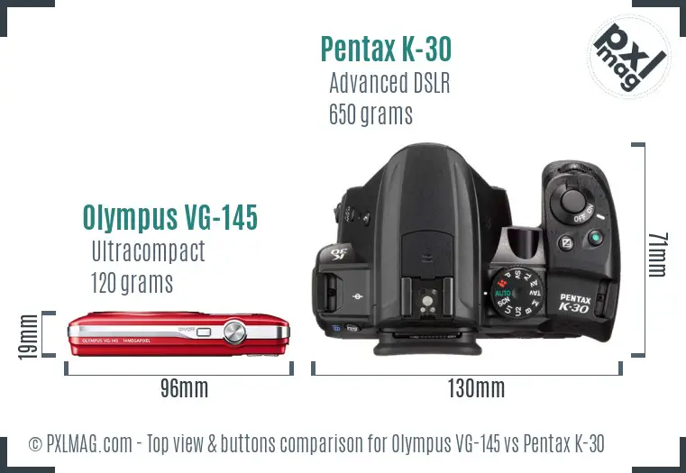 Olympus VG-145 vs Pentax K-30 top view buttons comparison