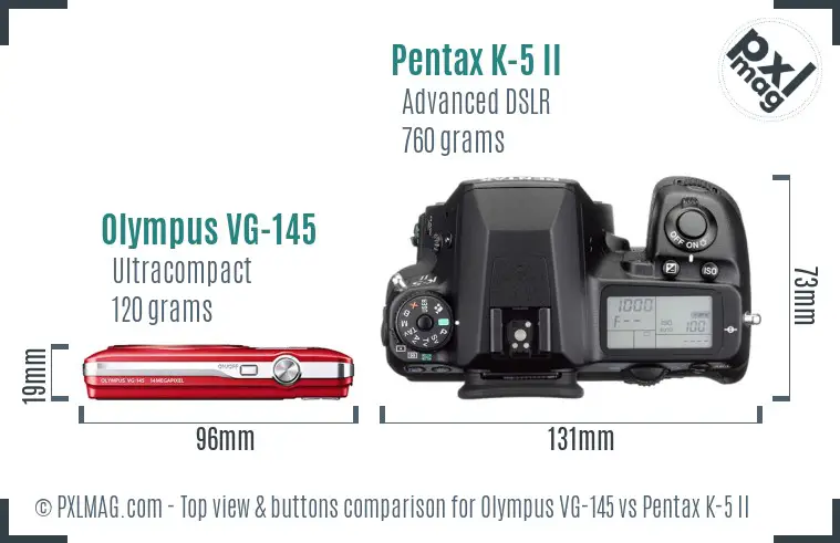 Olympus VG-145 vs Pentax K-5 II top view buttons comparison