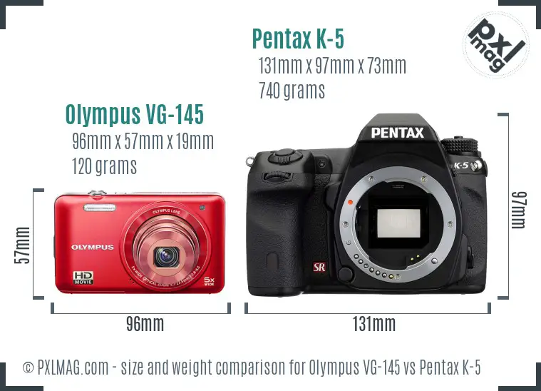 Olympus VG-145 vs Pentax K-5 size comparison