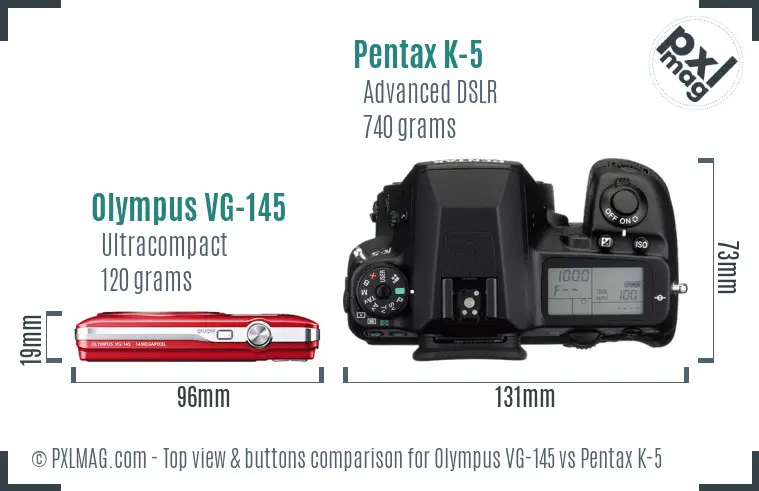 Olympus VG-145 vs Pentax K-5 top view buttons comparison