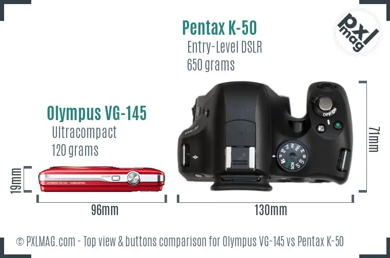 Olympus VG-145 vs Pentax K-50 top view buttons comparison