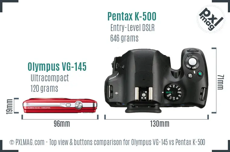 Olympus VG-145 vs Pentax K-500 top view buttons comparison