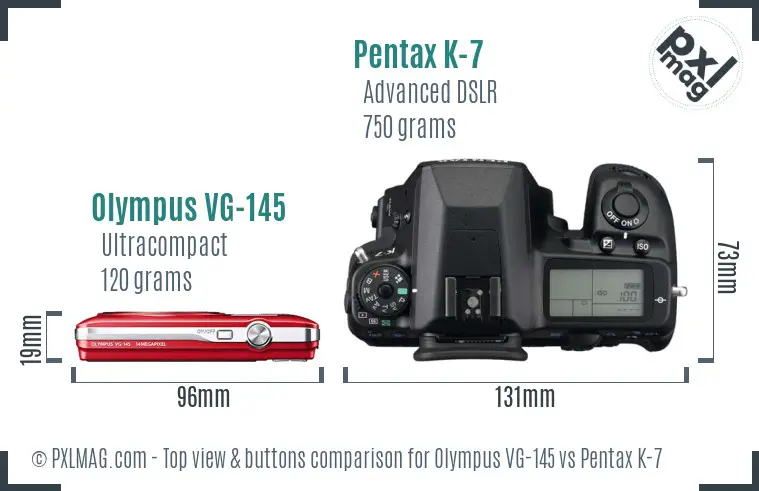 Olympus VG-145 vs Pentax K-7 top view buttons comparison