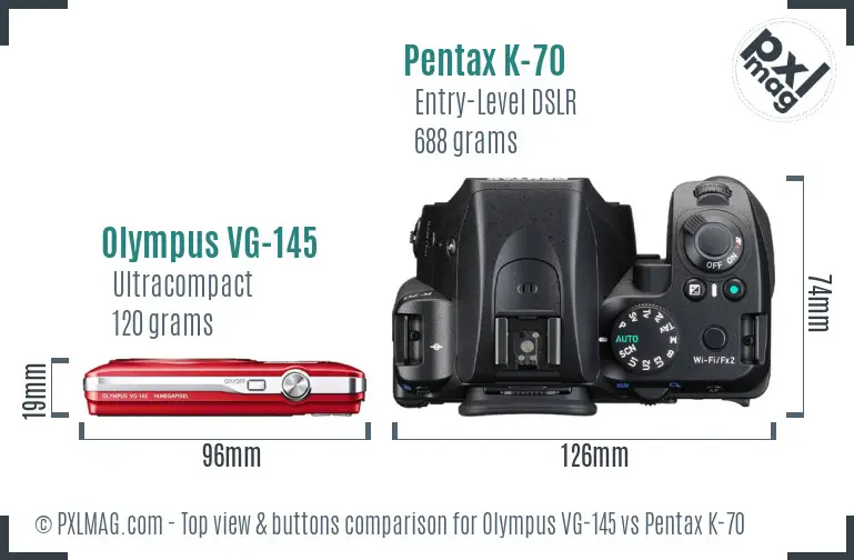 Olympus VG-145 vs Pentax K-70 top view buttons comparison