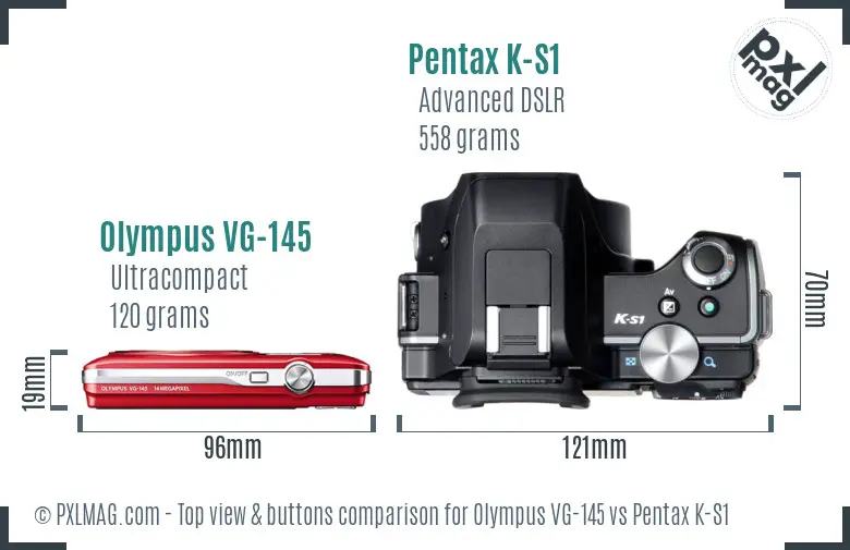 Olympus VG-145 vs Pentax K-S1 top view buttons comparison