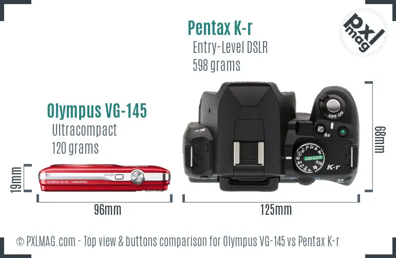 Olympus VG-145 vs Pentax K-r top view buttons comparison