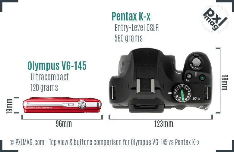 Olympus VG-145 vs Pentax K-x top view buttons comparison