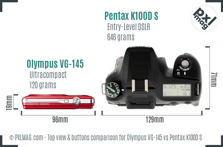 Olympus VG-145 vs Pentax K100D S top view buttons comparison