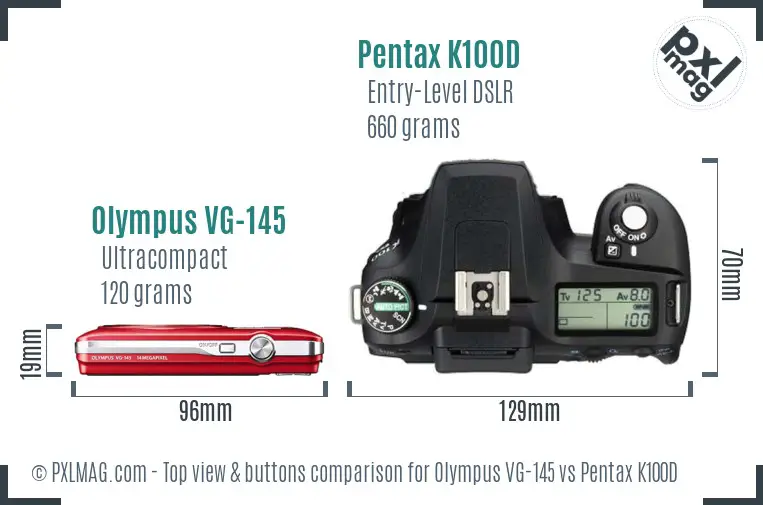 Olympus VG-145 vs Pentax K100D top view buttons comparison