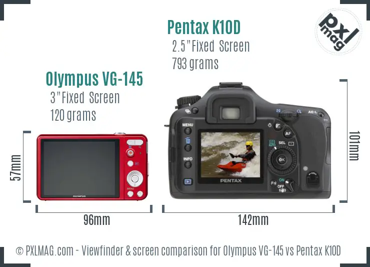 Olympus VG-145 vs Pentax K10D Screen and Viewfinder comparison