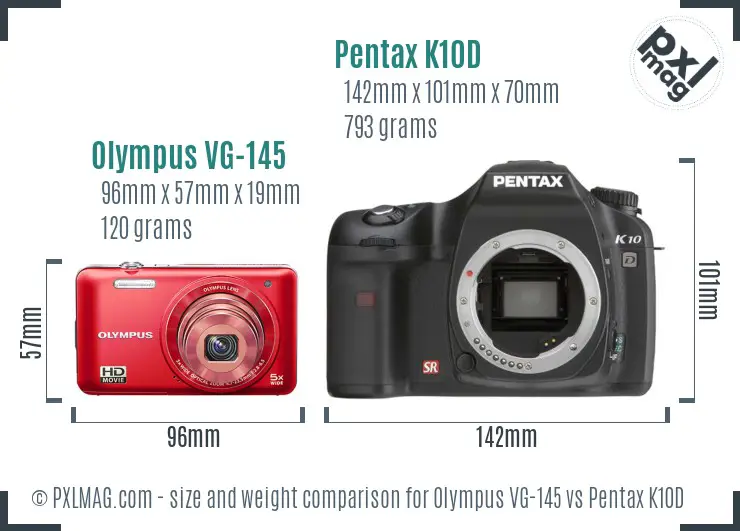 Olympus VG-145 vs Pentax K10D size comparison