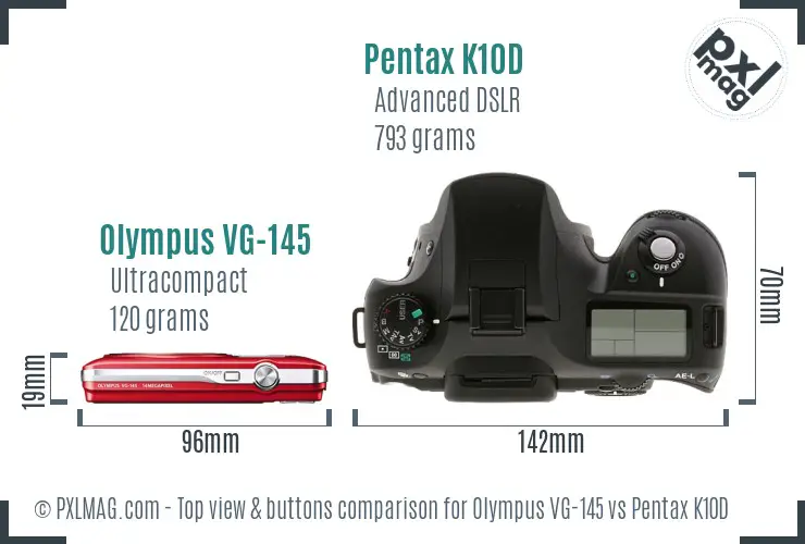 Olympus VG-145 vs Pentax K10D top view buttons comparison