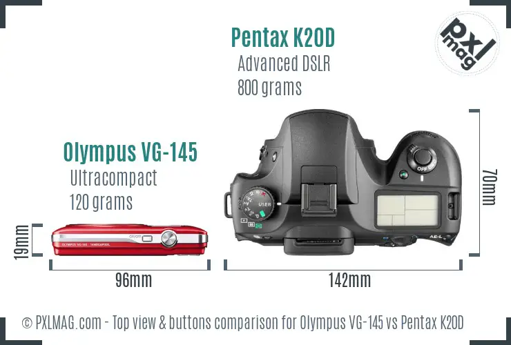 Olympus VG-145 vs Pentax K20D top view buttons comparison