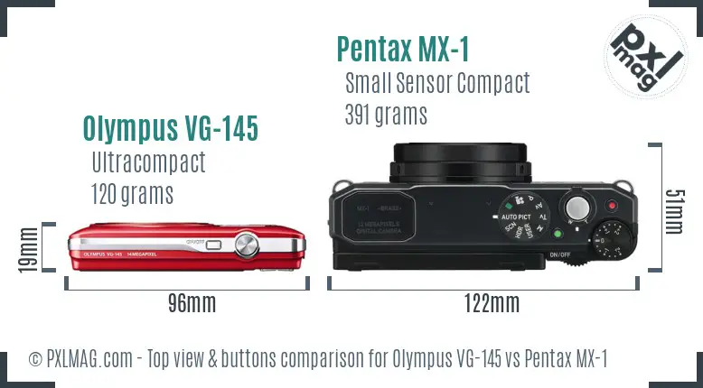 Olympus VG-145 vs Pentax MX-1 top view buttons comparison
