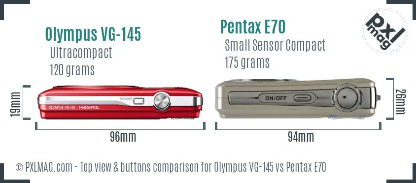 Olympus VG-145 vs Pentax E70 top view buttons comparison