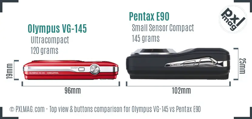 Olympus VG-145 vs Pentax E90 top view buttons comparison