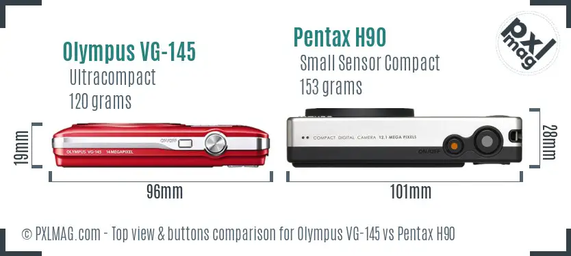 Olympus VG-145 vs Pentax H90 top view buttons comparison