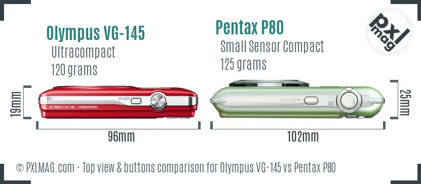 Olympus VG-145 vs Pentax P80 top view buttons comparison Olympus VG-145 vs Pentax P80 top view buttons comparison