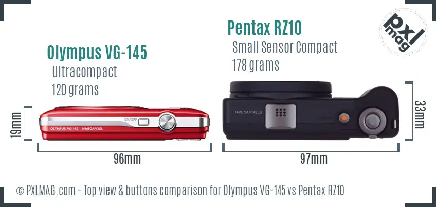 Olympus VG-145 vs Pentax RZ10 top view buttons comparison
