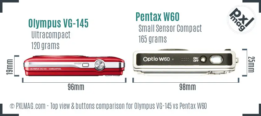 Olympus VG-145 vs Pentax W60 top view buttons comparison