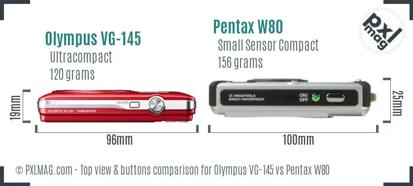 Olympus VG-145 vs Pentax W80 top view buttons comparison