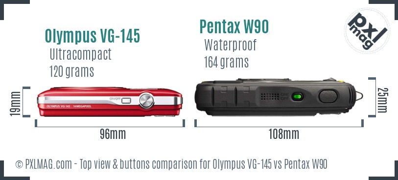 Olympus VG-145 vs Pentax W90 top view buttons comparison