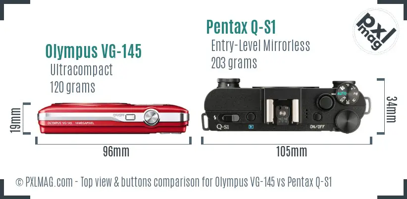 Olympus VG-145 vs Pentax Q-S1 top view buttons comparison