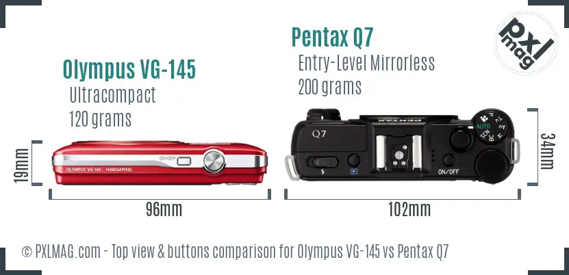 Olympus VG-145 vs Pentax Q7 top view buttons comparison