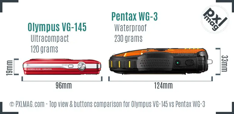 Olympus VG-145 vs Pentax WG-3 top view buttons comparison