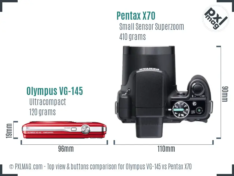 Olympus VG-145 vs Pentax X70 top view buttons comparison Olympus VG-145 vs Pentax X70 top view buttons comparison