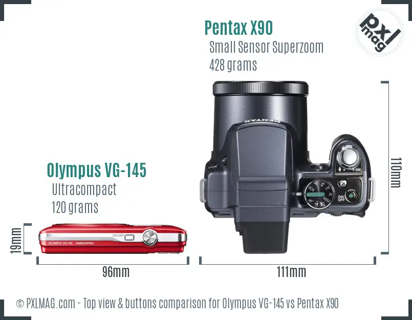 Olympus VG-145 vs Pentax X90 top view buttons comparison